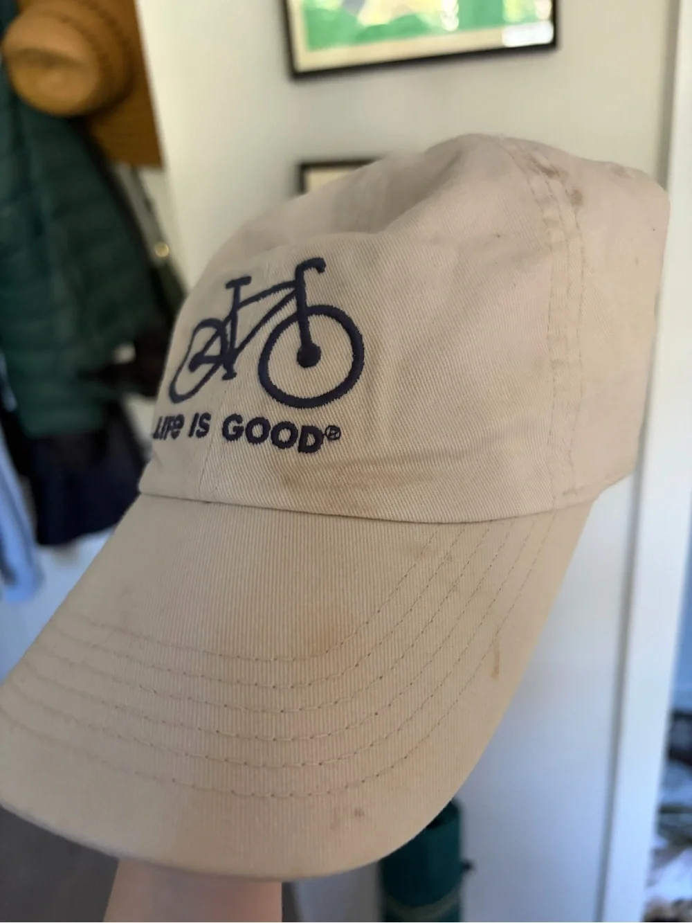 Life Is Good Beige Cap with Navy Bike Embroidery